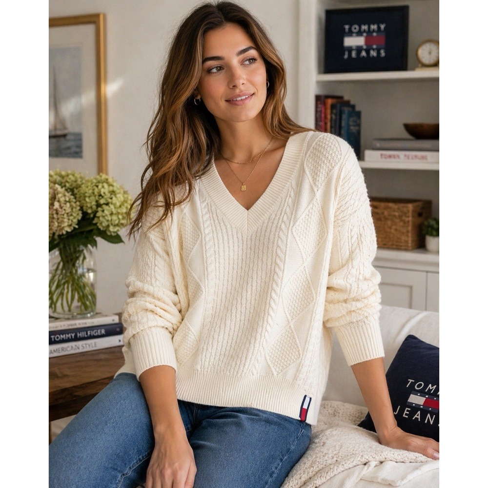 Tommy Hilfiger‎ Cable Knit V-Neck Sweater Cream Cotton 90s Y2K Logo Sz L